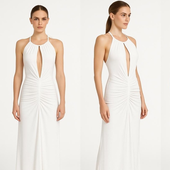 Commense Dresses & Skirts - Commense White Sleeveless Ruched Front Keyhole Neckline Halter Maxi Dress Large
